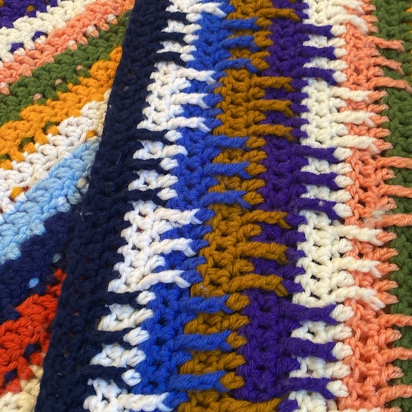 Vintage!  Handmade Crochet Stripe Reversible Blanket 63” by 50” - Picture 5 of 11